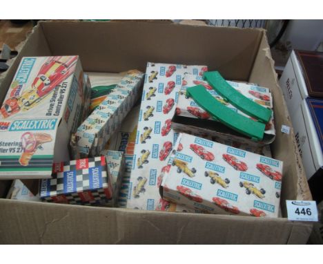 A box of vintage Scalextric items all in original boxes to include; conversion sets, standard curve inner borders, 5/steering