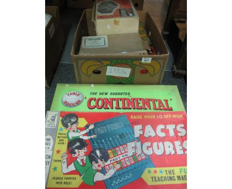 Box of assorted vintage games various to include; 'Goldentone Carillon', continental Subbuteo game, Cleudo board game, glass 