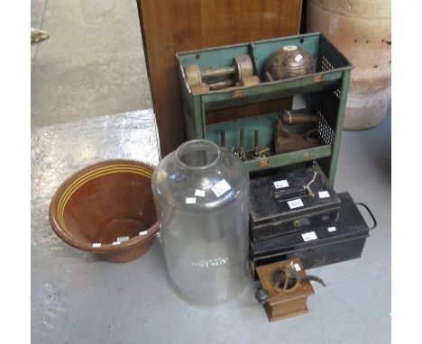 A collection of assorted items to include; vintage turned wooden dumbbells, bowling ball, dairy pan, glass jar marked 'Alfa L