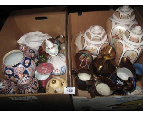 Two boxes of assorted china and glass to include; copper lustre dresser jugs, three Italian lidded urns, two small Japanese I