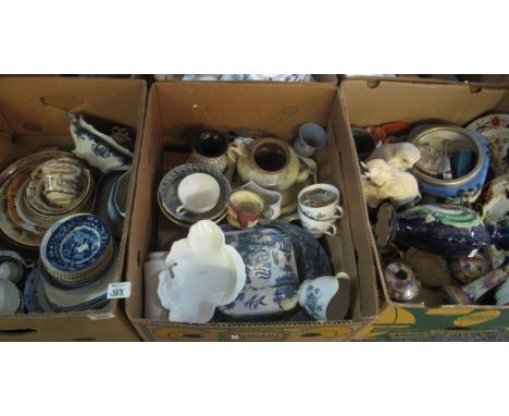 Three boxes of assorted items mainly china to include; floral teaware, Royal Doulton character jug, blue and white dinnerware