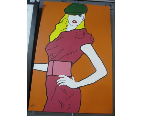 Modern Welsh school portrait of a trendy young woman, signed with initials E.D, acrylic on canvas. 92 x 61cm approx, unframed