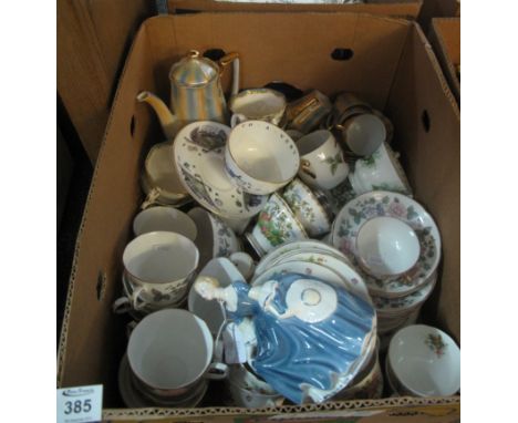 Box of assorted china to include; Royal Doulton figurine 'Hilary' HN2335, Royal Doulton floral part tea service, Royal Grafto