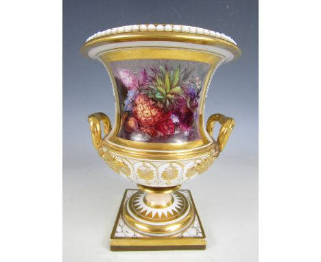 A Flight Barr and Barr (Worcester) porcelain campana form vase, the decoration incorporating hand enamelled still life with f