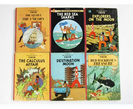 Six vintage 'The Adventures of Tintin' books, published by Methuen & Co Ltd, including The Secret of the Unicorn, 1959, Explo