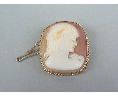 A modern carved shell cameo brooch, having a profile portrait of a young girl with curled flowing locks, rub and rope set in 