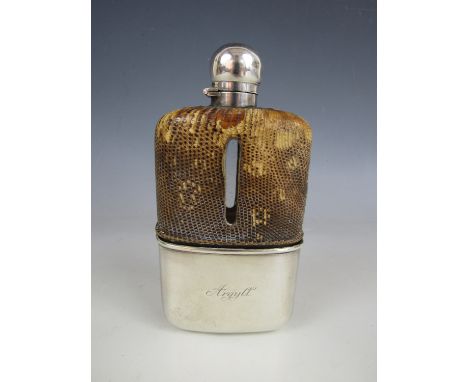 An Edwardian silver and crocodile skin mounted hip flask, engraved Argyll, London, 1902