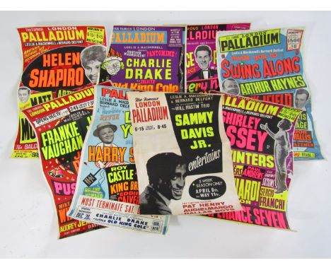 A collection of eight vintage London Palladium lithographic posters, including 'Let Yourself Go!' with Harry Secombe, 'Puss i