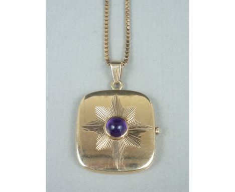 A 9ct gold and amethyst locket, of rounded rectangular shape, engraved with a radiating star and centrally set with an amethy