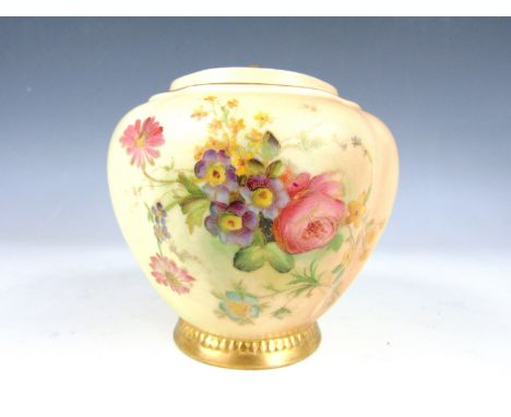 An Edwardian Royal Worcester blush ivory potpourri jar, of lobed form with cover, decorated with polychrome sprays of garden 