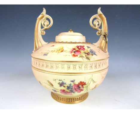 A Victorian Royal Worcester blush ivory potpourri vase, of shouldered oblate form with flying scroll handles and cover, raise