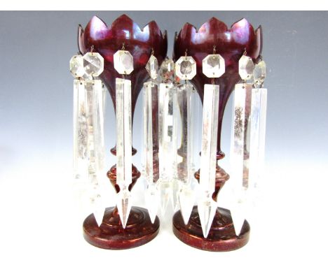 A pair of 19th Century ruby flashed glass lustres, 31 cm 