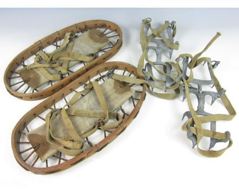 A set of Second World War British Army issue snow shoes and a set of crampons