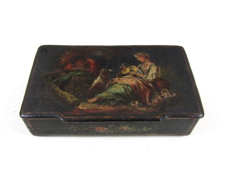 A 19th Century black lacquered papier-mâché snuff box, of rectangular section with hinged cover, the latter hand-enamelled wi