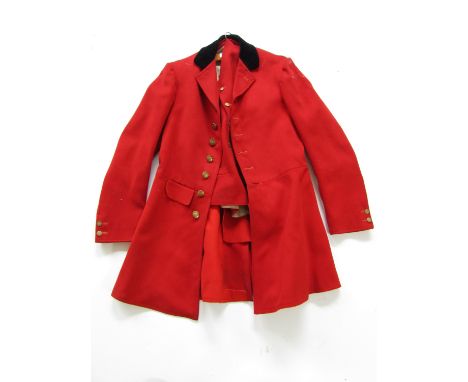A vintage Anderson and Sons formal hunting jacket and waistcoat in scarlet, the brass buttons bearing the emblem of a fox and