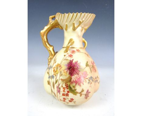 An Edwardian Royal Worcester blush ivory jug, of lobed form, decorated with polychrome sprays of garden flowers, date marks f