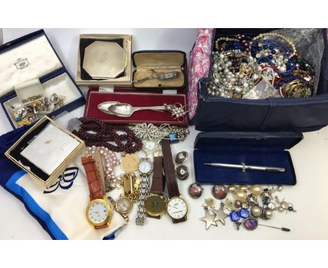 A collection of costume jewellery, to include; a 9ct. gold wrist watch, manual movement, c.1930's, having 25mm wide 9ct. gold