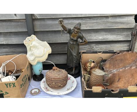 Two boxes of misc items pottery misc and others to include a large shelter lamp&nbsp;