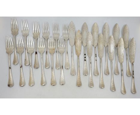 A set of silver fish knives and forks for twelve, by John Sanderson, Sheffield 1902, with engraved foliate decoration. (total