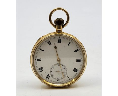 An 18ct. gold open faced pocket watch, crown wind, having white enamel Roman numeral dial with outer minutes track and subsid