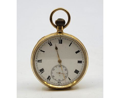 An 18ct. gold open faced pocket watch, crown wind, having white enamel Roman numeral dial with outer minutes track and subsid