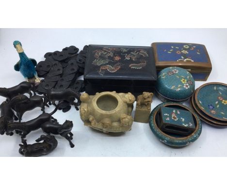 A collection Chinese items to include a Chinese lacquered boxes, A Chinese carved soapstone censor and a seal, a collection o