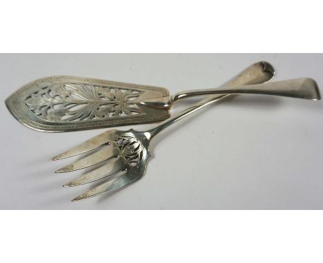 A Victorian pair of silver fish servers, London, 1861, with plain Old English terminals, the slice with a pierced blade decor