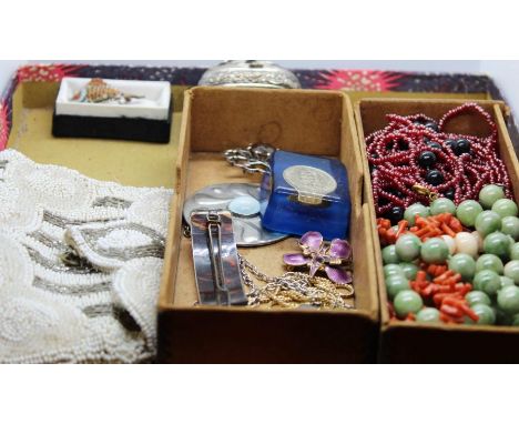 A collection of assorted bead necklaces, including a coral necklace, together with a novelty cloisonné fish, a shell trinket 