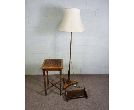 A mahogany standard lamp with tri-form base, together with a small carved table and a book rack (3)