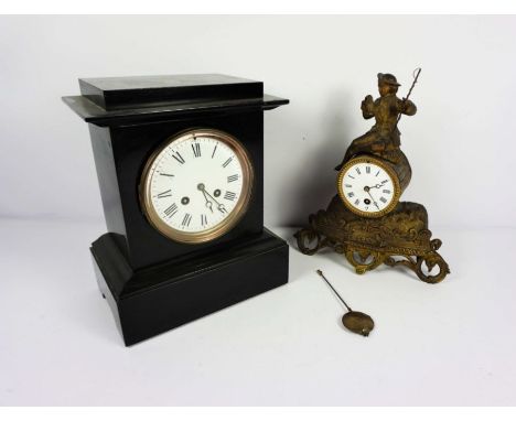A Victorian slate mantel clock, 29cm high, together with a French style speltar cased mantel timepiece (2)
