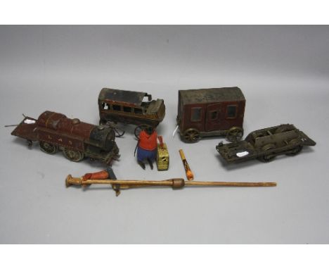 A DISTRESSED TINPLATE HORSE BUS, no makers marks, may be scratchbuilt, appears hand painted, red and yellow and black livery 