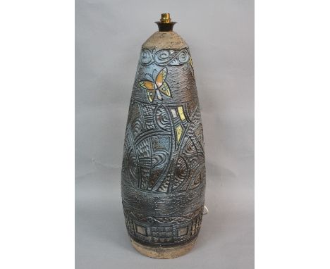 A TILGMANS KERAMIK POTTERY LAMP BASE, by Marian Zawadzki, incised with a band of butterflies above abstract and geometric des