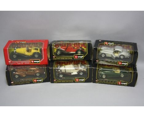 SIX BOXED BURAGO MODERN DIECAST SPORTS CAR MODELS, Bugatti Type 55 (1932), No.0538, Bugatti Atlantic (1936), No.1503, Mercede