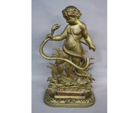 A VICTORIAN CAST IRON STICK STAND, with cherub and serpent design, approximate height 85cm (s.d.)