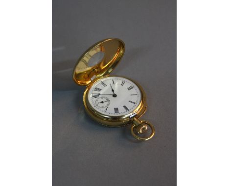 A LADIES 18CT GOLD AND ENAMEL HALF HUNTER FOB WATCH, with pink enamel chapter ring to case and white enamel face marked to ou