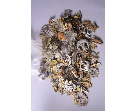 A BOX CONTAINING A LARGE QUANTITY OF BRITISH MILITARY CAP BADGES HELMET PLATES WWI/WWII ERA AND BEYOND, some possibly re-stri