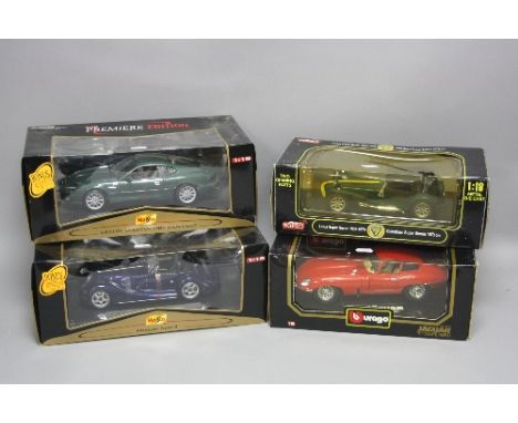 FOUR BOXED MODERN DIECAST BRITISH SPORTS CAR MODELS, Maisto 'Premiere Edition' Morgan Aero 8 and Aston Martin DB7 Vantage, Bu