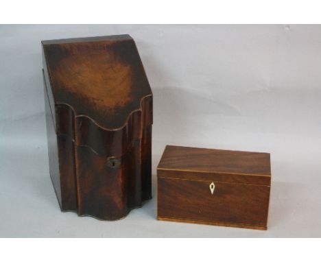 A GEORGE III MAHOGANY SERPENTINE FRONT KNIFE BOX, lacks internal fittings, height approximately 36.5cm, together with a Georg