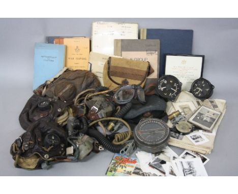 A LARGE BOX OF FLYING EQUIPMENT, from the WWII era and beyond and large quantity of papers photos and written ephemera all re
