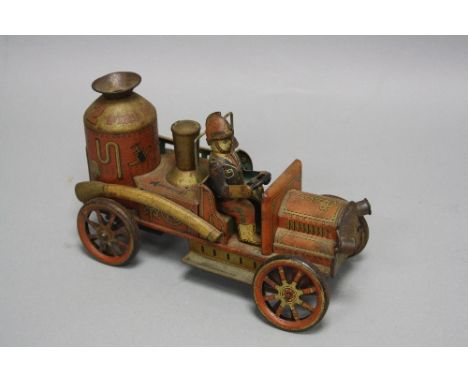 A MODERN TOYS (JAPAN) TINPLATE FRICTION DRIVE FIRE ENGINE, with some wear, damage and surface rust, but appears complete, whe