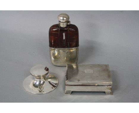 A GEORGE VI SILVER AND CROCODILE SKIN MOUNTED GLASS HIP FLASK, bayonet fitting, pull off sleeve/cup, maker Charles S. Green &