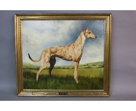 DAVID FRENCH (b.1939 - ), 'Mandalay King', study of a light brindle greyhound standing in a landscape, oil on canvas, signed 