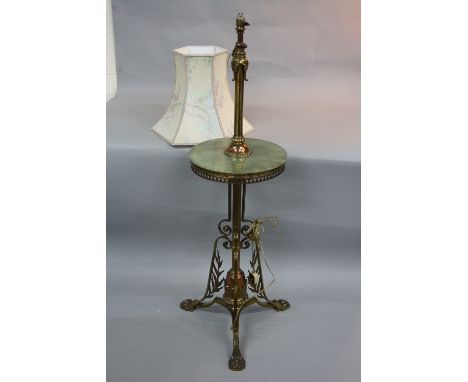 A BRASS, COPPER AND GREEN ONYX LAMP TABLE, with tripod base and claw feet (s.d.)