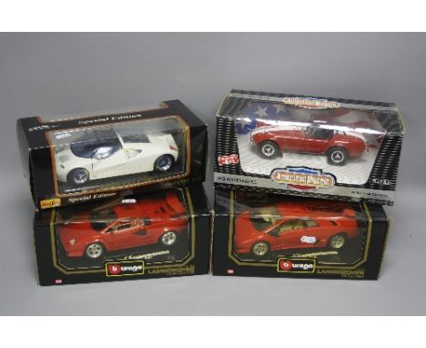 FOUR BOXED MODERN DIECAST SPORTS CAR MODELS, Burago Lamborghini Countach (1988), No.3047 and Diablo (1990), No.3028, Maisto F