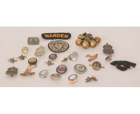 A collection of assorted commemorative and military button badges and buttons to include two ARP badges and a matching cap ba