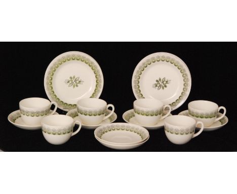 A set of six Eric Ravilious for Wedgwood Green Persephone / Harvest Time teacups and saucers with six matching side plates (1