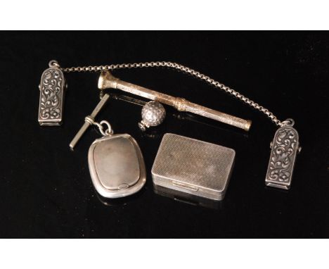 A small parcel lot of silver and white metal items to include a modern hallmarked silver engine turned rectangular snuff box,