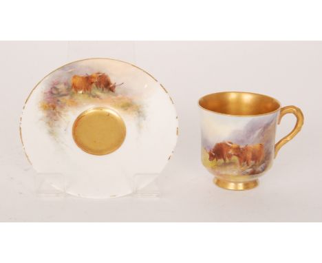 A Royal Worcester demitasse cup and saucer decorated by Harry Stinton with hand painted Highland cattle, both pieces signed a