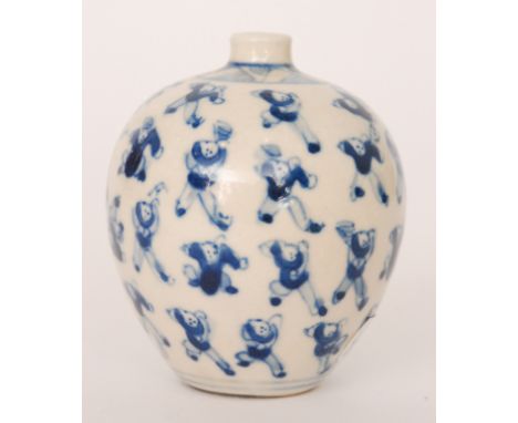 A Chinese export vase of ovoid form decorated with blue and white dancing figures in various poses, bears six character mark,