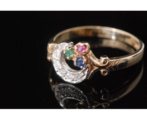 A 9ct hallmarked ruby, emerald, sapphire and diamond crescent shaped ring with scroll detail to shoulders, ring size O. 